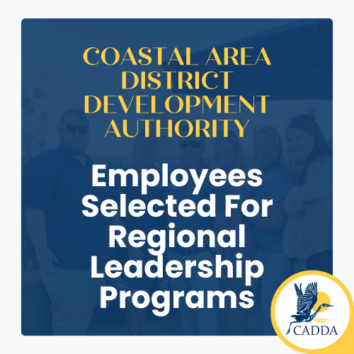 Branded graphic for the Coastal Area District Development Authority announcing "Employees Selected For Regional Leadership Programs." Navy blue background with a faded photo of a group of people. CADDA kingfisher logo in the lower right corner.