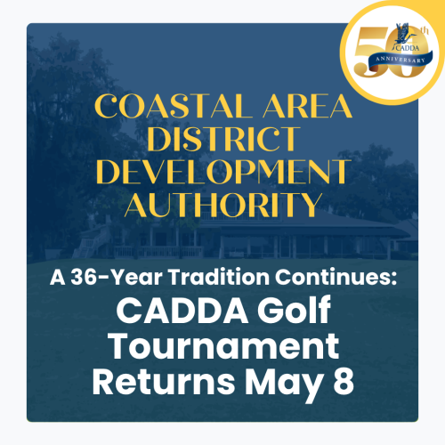 Announcement graphic for the 36th Annual CADDA Golf Tournament. Navy background with a faded photo of a golf course clubhouse. Gold text reads "Coastal Area District Development Authority" and bold white text reads "A 36-Year Tradition Continues: CADDA Golf Tournament Returns May 8." CADDA 50th Anniversary logo in the upper right corner.