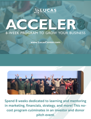 Promotional graphic for ACCELER8, an 8-week business growth program from the Lucas Center for Entrepreneurship. Features the Lucas Center logo, the ACCELER8 name, a photo of a group of participants, and the website www.LucasCenter.com.